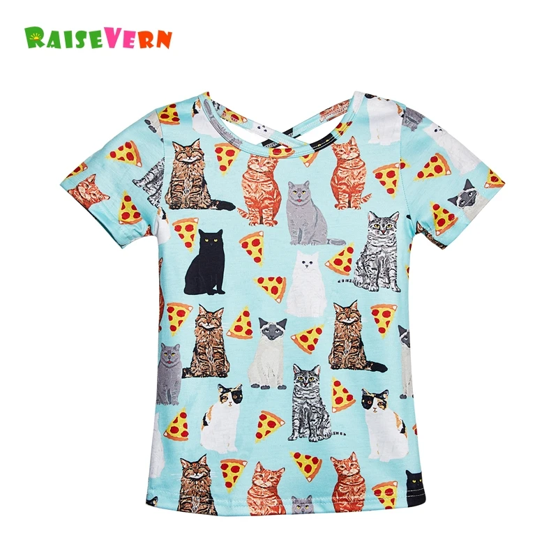 

3-12Y Girls T-Shirt Pizza Cat Printed Funny Summer Childen Tees Cute Kids Tops Cross Design Short Sleeve Clothes