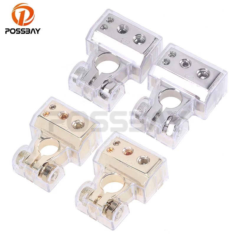 

POSSBAY 1 Pair Metal Alloy Car Battery Terminal Clamp Post 1/0 2 4 8 GA AWG Gauge Positive Negative Port Gold/Silver