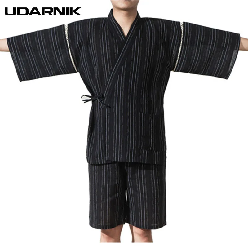 Мужские пижамные комплекты в японском стиле Yukata Пижама-кимоно с коротким рукавом v-образные вырезы шорты полосатая Пижама Homme 226-117