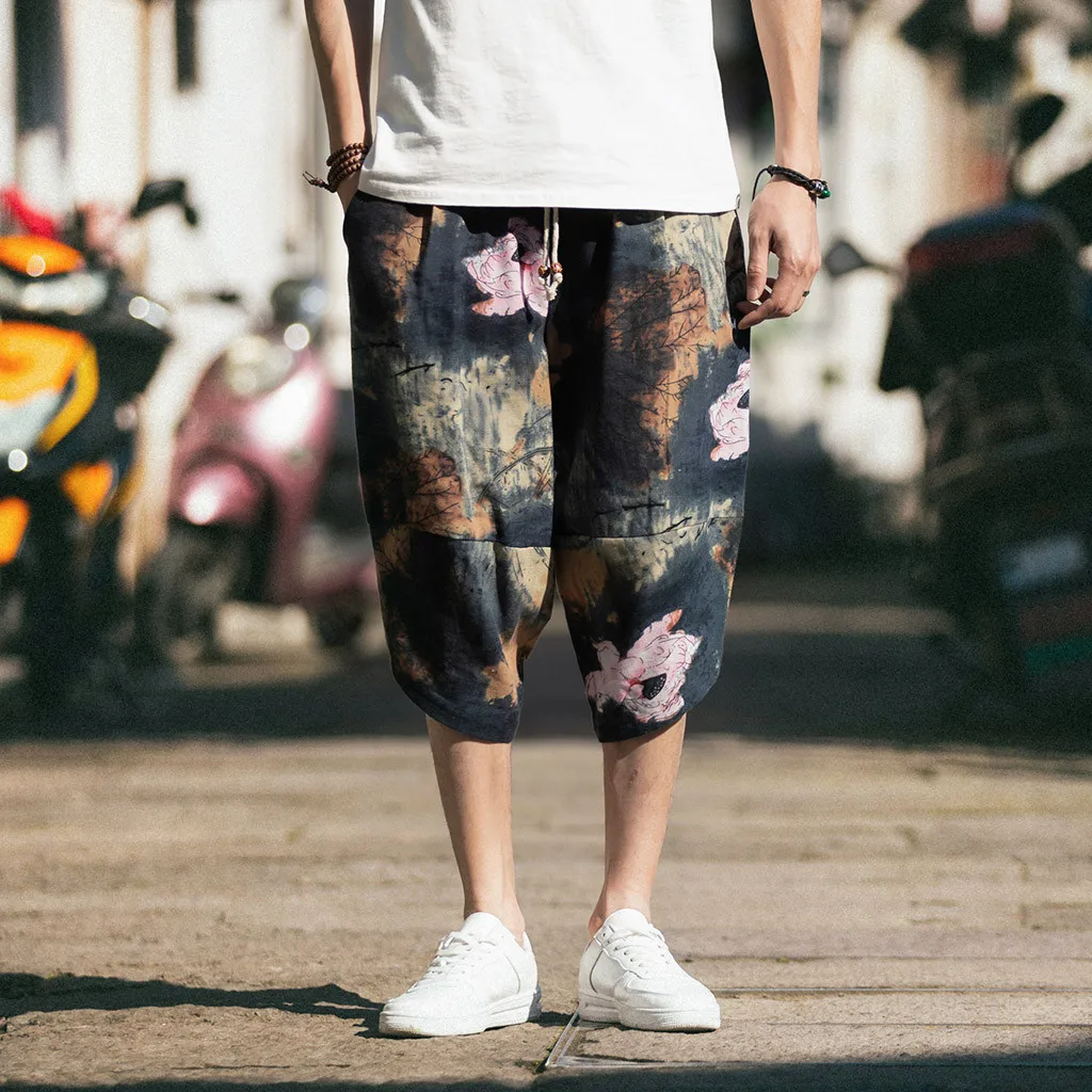 

2019 Summer Men Harem Pants Casual Wide-breasted Gray Print Cotton Linen Wide-leg Pajamas Loose Pants Plus Size 5XL L510