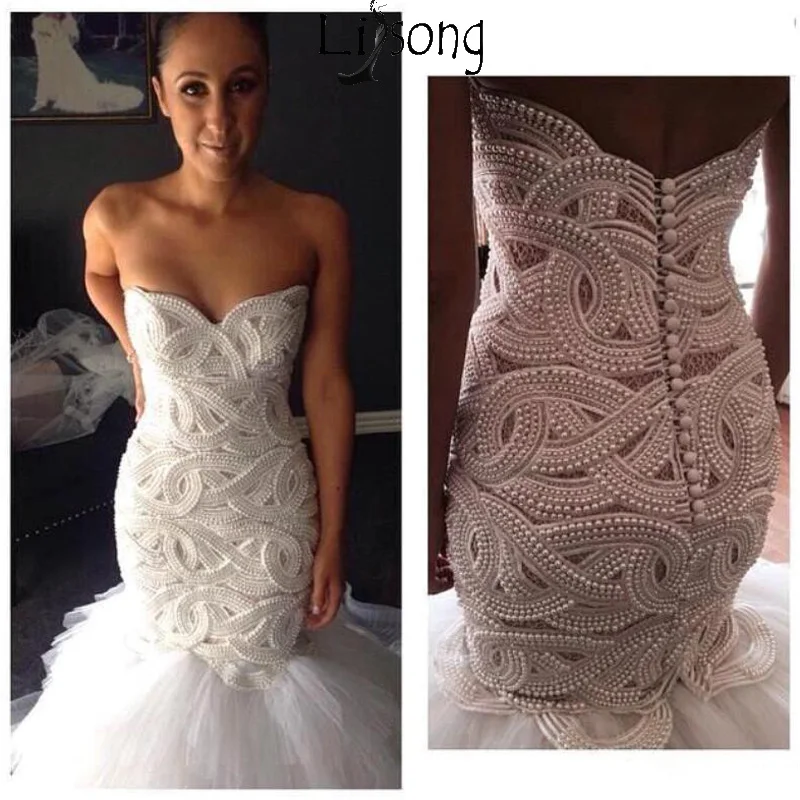 Real Image Mermaid Wedding Dresses Vintage Lace Sweetheart Pearls Beaded Tulle Layered Ruffles Wedding Bridal Gowns Vestido De Novia 299