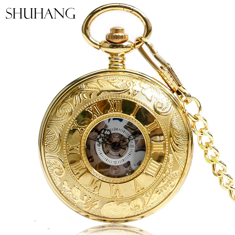 

SHUHANG Watch Man Pocket Mechanical Windup Watches Pendant Hollow Luxury Gold Carving Gift Fob Men's Women's Hand Winding Hour