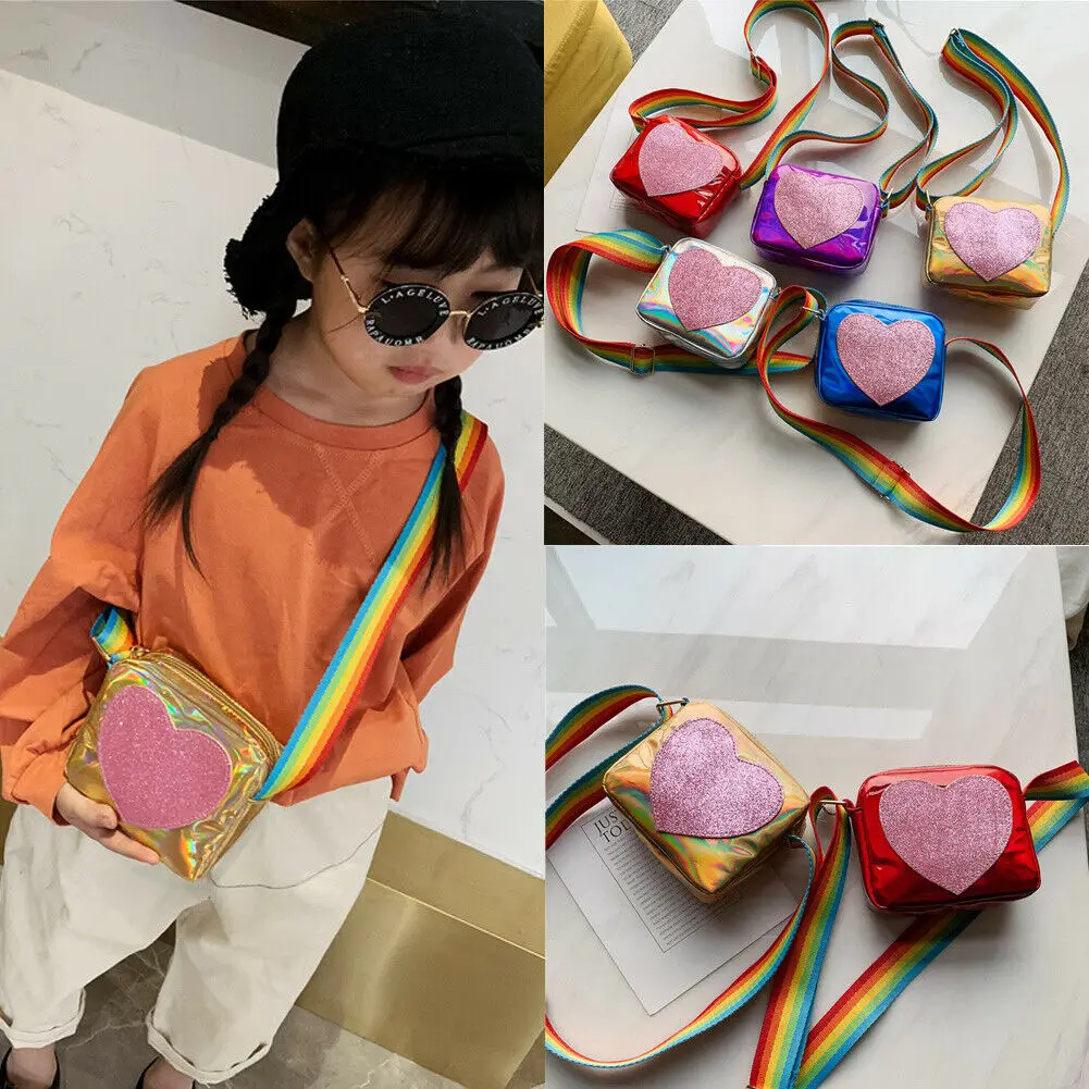

2019 Baby Summer Accessories New Baby Kids Girls Toddler Fashion Shoulder Sequins Heart Rainbow Messenger Laser Handbag Bag Gift