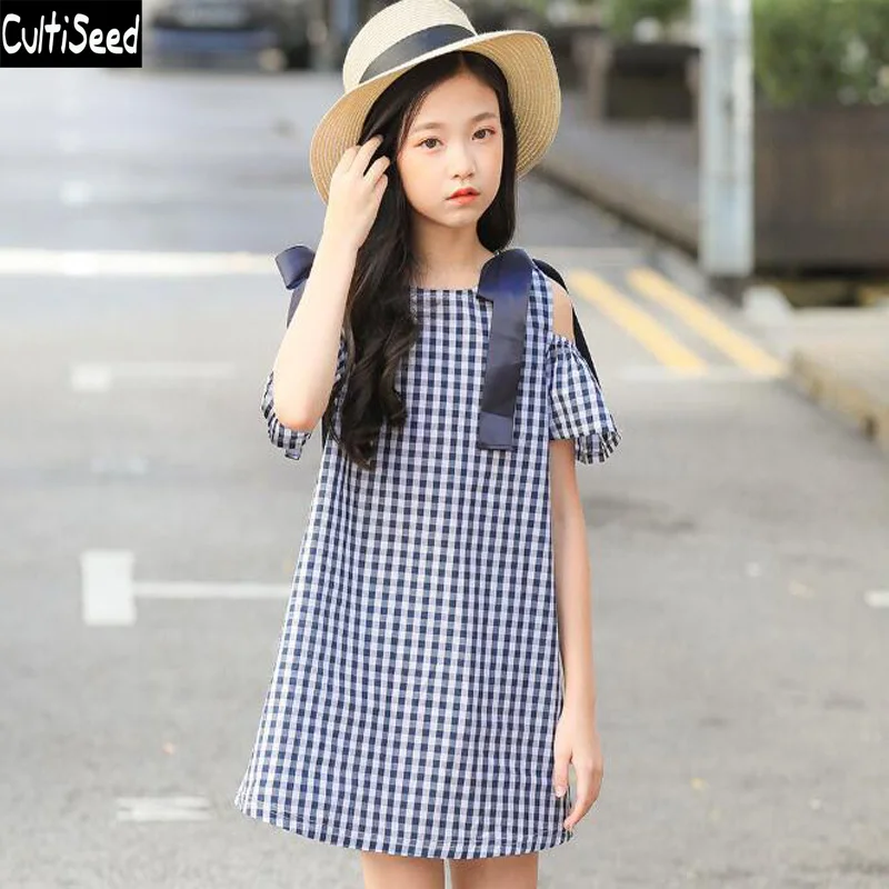

Cultiseed Big Girl Summer Dress Teenager Children Plaid Cotton Party Dress Kids Off the Shoulder Casual with Bow Girl Dresses