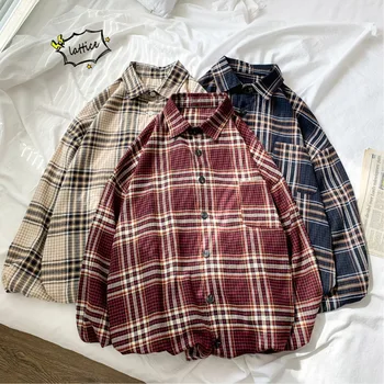 

Spring New Dress Shirt Men Fashion Retro Casual Plaid Shirt Man Streetwear Wild Loose Cotton Long-sleeved Shirt Male Clothes
