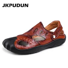 JKPUDUN летние мужские босоножки, тапочки на открытом воздухе Римские сандалии Для мужчин пляжные водонепроницаемая обувь кожаные Ремешок на щиколотке дизайнерские шлепанцы человек
