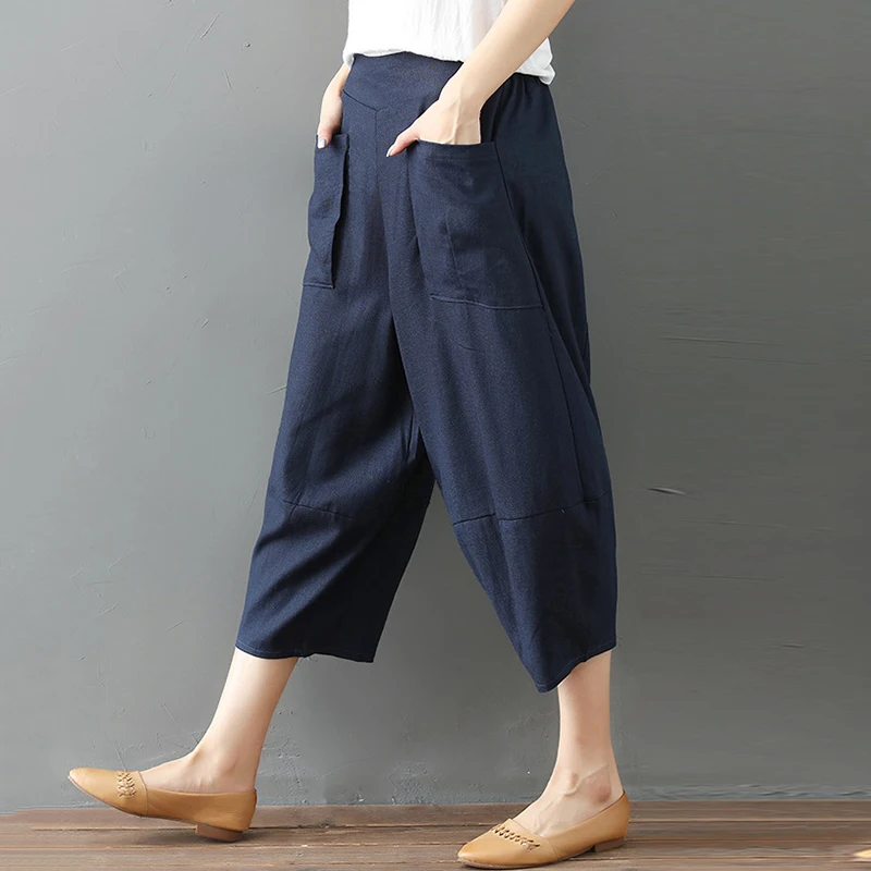 

EaseHut Baggy Ethnic Women Harem Pants Solild Color Elastic Waist Pockets Wide Legs Loose Loose Casual Tapered Pants Trousers