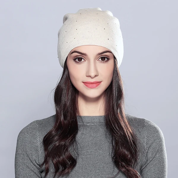 Зимние шерстяные женские осенние модные брендовые новые теплые двухслойные меховая женская шапка со стразами шапки# MZ706 - Цвет: Бежевый