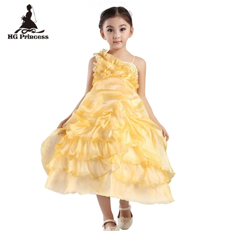 

HG Princess 2-10 Years Girl Party Dress 2019 new Arrival One Shoulder Kids Eveving Gowns Yellow Flower Girl Dresses For Weddings