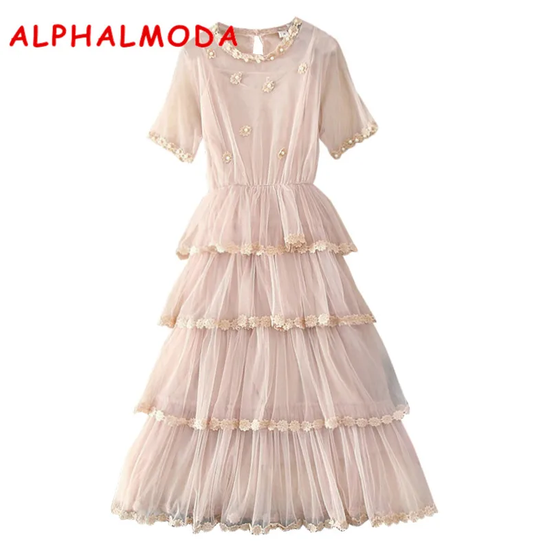 

ALPHALMODA Multi-layers Short Sleeves Women Floral Sweet Princess Dress + Sling 2pcs Set Female Ruffled Cake Cute Lace Vestidos