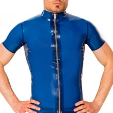 Мужской Прозрачный Голубой латекс, резина с короткими рукавами костюм футболка из латекса молния спереди