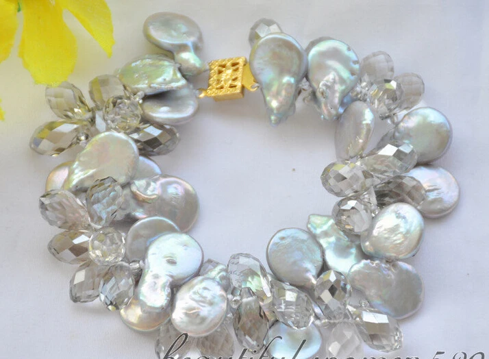 

2strands 14mm gray coin pearl faceted teardrop crystal bracelet 8inch (Z6651) e SHIPPING 5.25