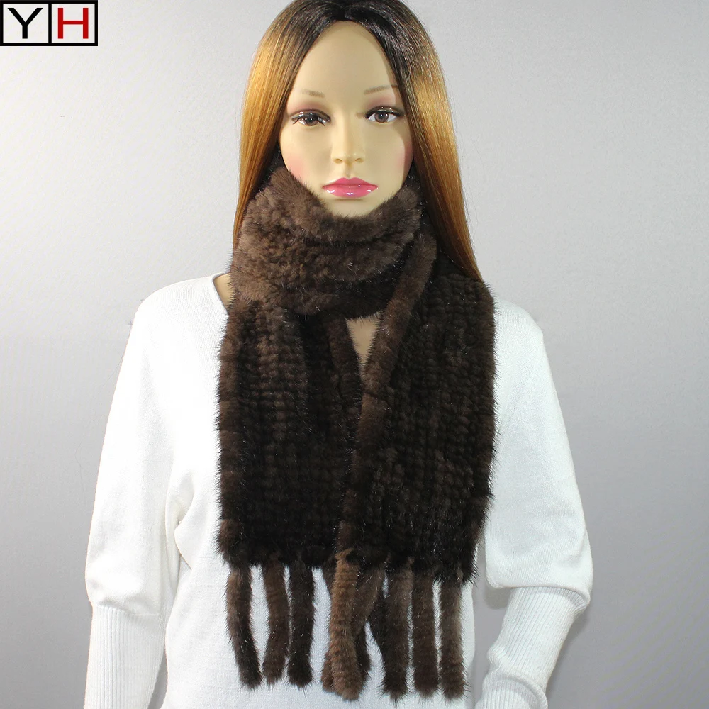 2018 New 100 real mink fur scarf with tassel hand knitted natural mink