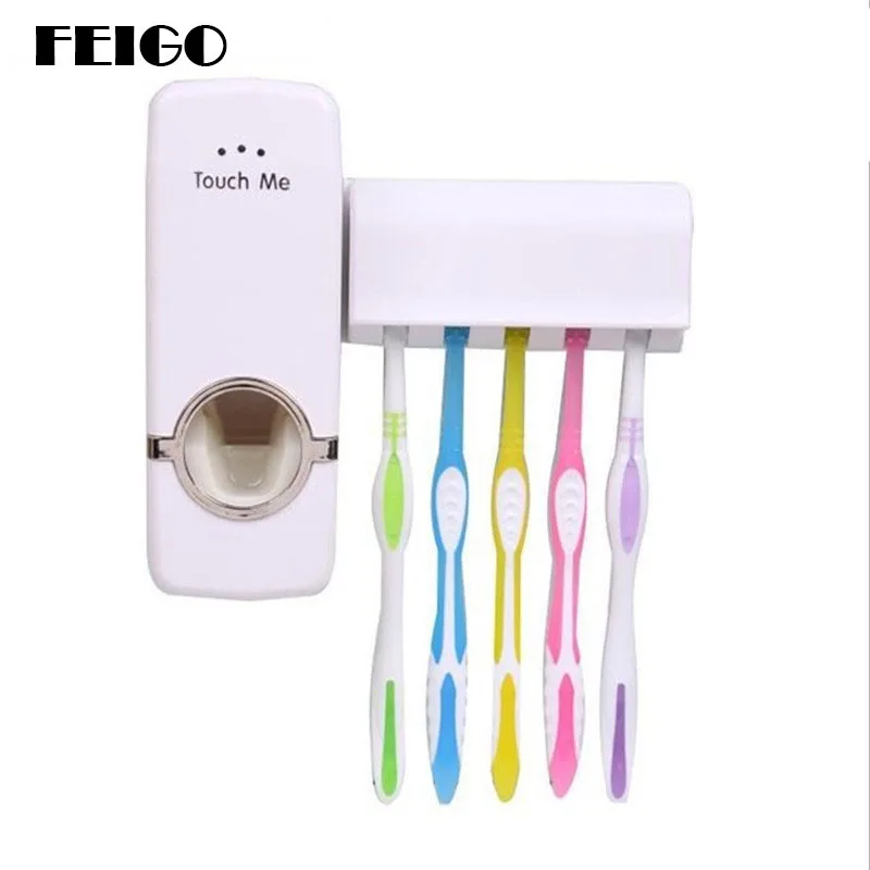 FEIGO Home Automatic Toothpaste Dispenser Toothbrush Holder Bathroom products Wall Mount Rack Bath set Toothpaste Squeezers F132