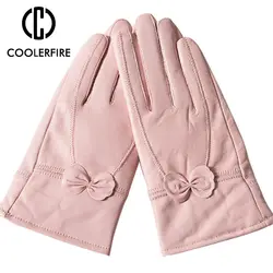 Модные зимние теплые Для женщин перчатки на открытом воздухе вождения Полный пальцев перчатки для женщин из натуральной кожи перчатки