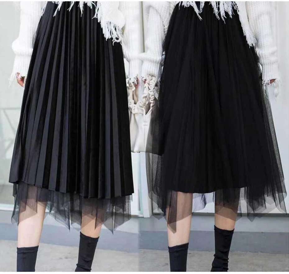 Reversible Velvet Tulle High Waist Pleated Skirt