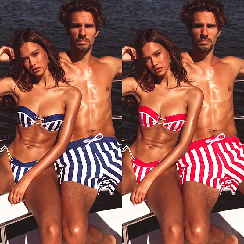 Women Mens Couple Swimsuit Women Bikini Men Stripe Board Shorts Swimming Trunks Beach swimwear Surfing Boardshort Blue Red 2020 Women Mens Couple Swimsuit Women Bikini Men Stripe Board Shorts Swimming Trunks Beach swimwear Surfing Boardshort Blue Red 2020