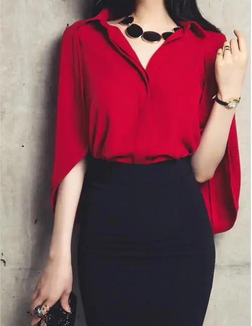 Корейский стиль Для женщин летняя рубашка Топы корректирующие Мода Красный шифон накидка половина рукав "летучая мышь" дамы воротник с лацканами блузка