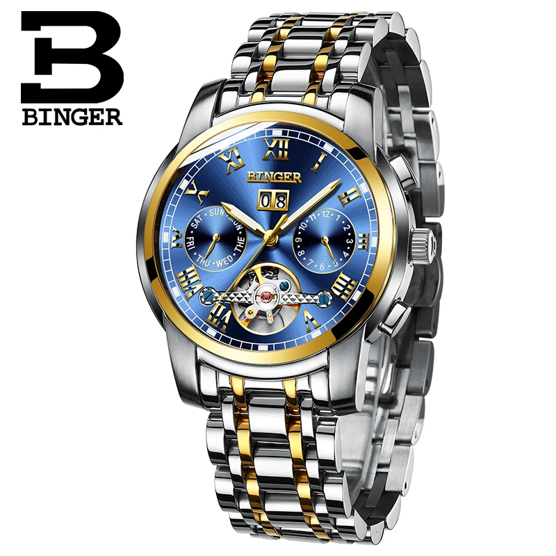 Модные спортивные часы Switzerland BINGER Tourbillon механические с календарем и сапфиром