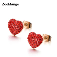 ZooMango Классическая титановая сталь красное Кристальное сердце любовь золотые, розовые серьги со стразами свадебные серьги гвоздики для женщин ZE18008