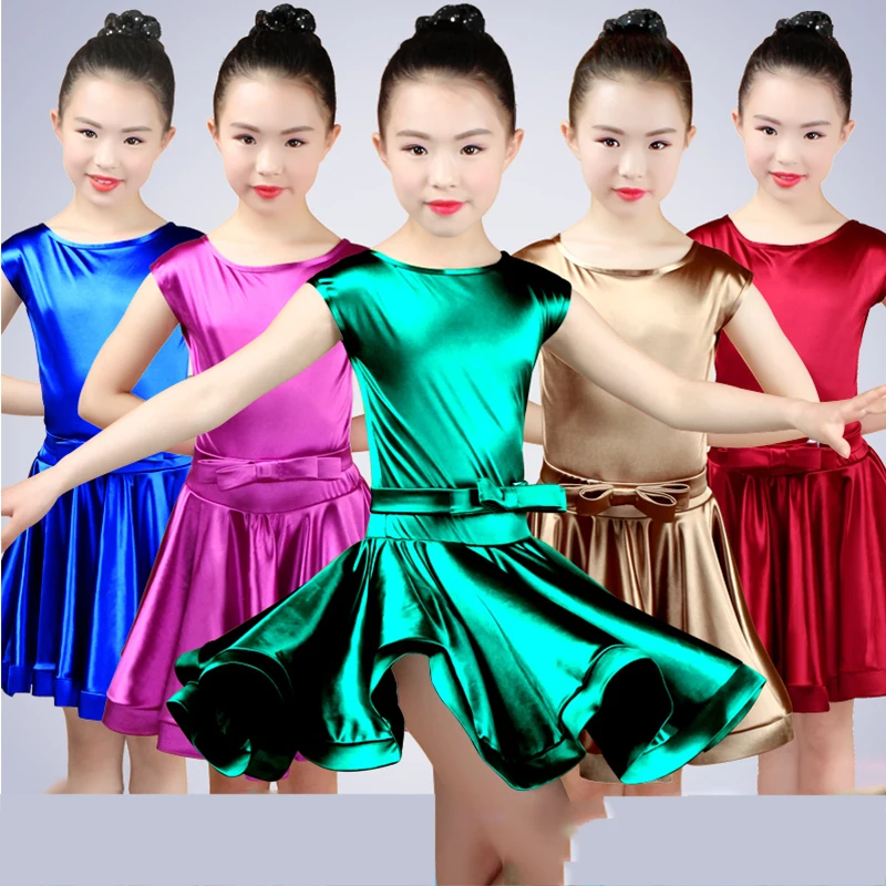Латинское танцевальное платье атласный с коротким рукавом Круглый вырез латинские платья для девочек конкурсные танцевальные платья