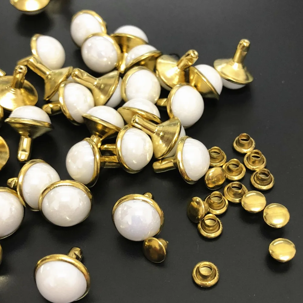 

100 Sets 10MM Acrylic Imitation Ceramic Rivets Gold Plated Studs Rivet Spikes Fit For Belt Bag Shoes Leather-Craft DIY Making