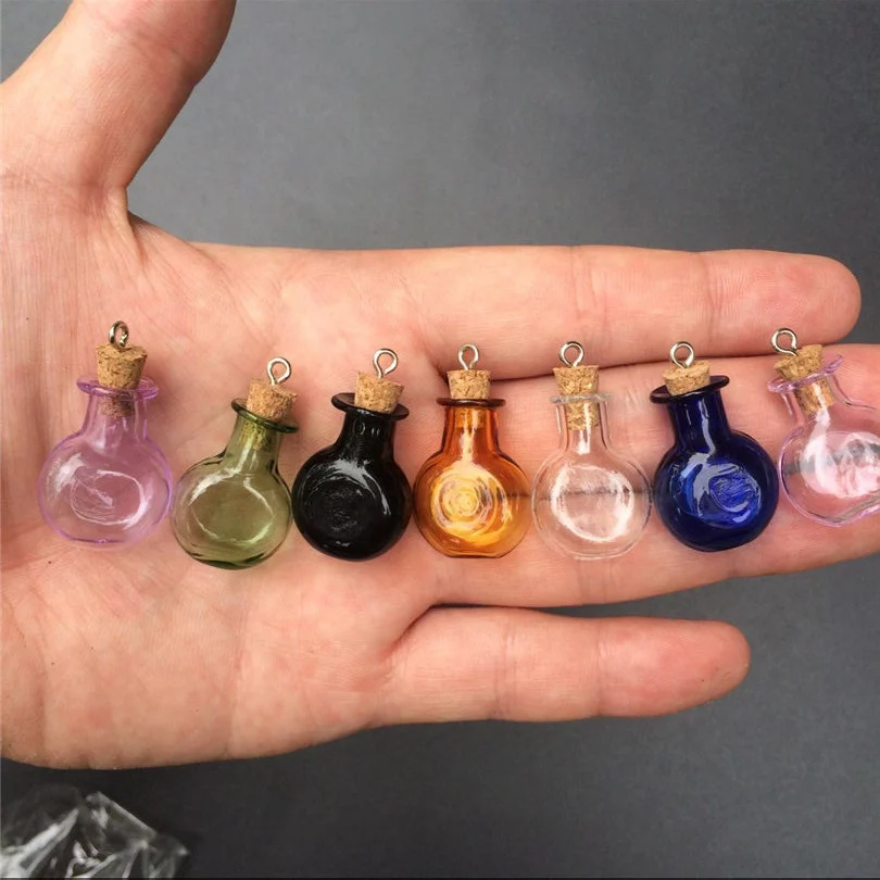 Mini Glass Round Bottles Pendant with Metal Loop, Small Colors Art Bottles, Handmade Gift, Cute Mix, 7Colors