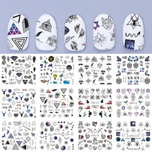 12 видов конструкций водные наклейки для ногтей, уникальные геометрические украшения, наклейки, черный цветок, обертывания, TRBN1129-1140 для украшения ногтей