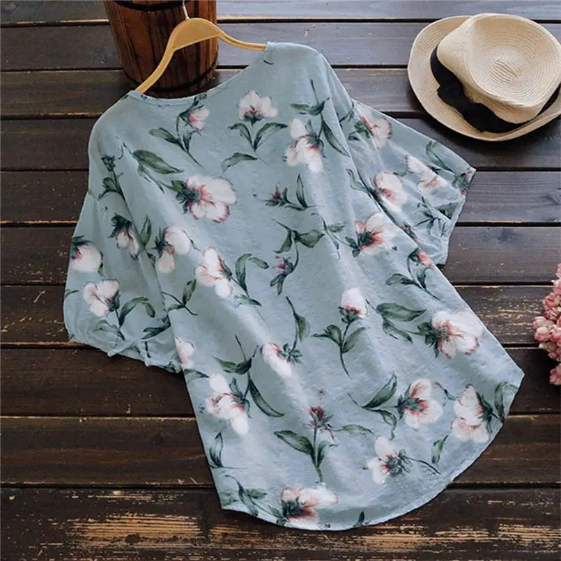 New Women Summer Casual Plus Size Shirt V Neck Half Sleeve Linen Vintage Boho Floral Print Elegant Fashion Loose Top Tops #4R03 (2)