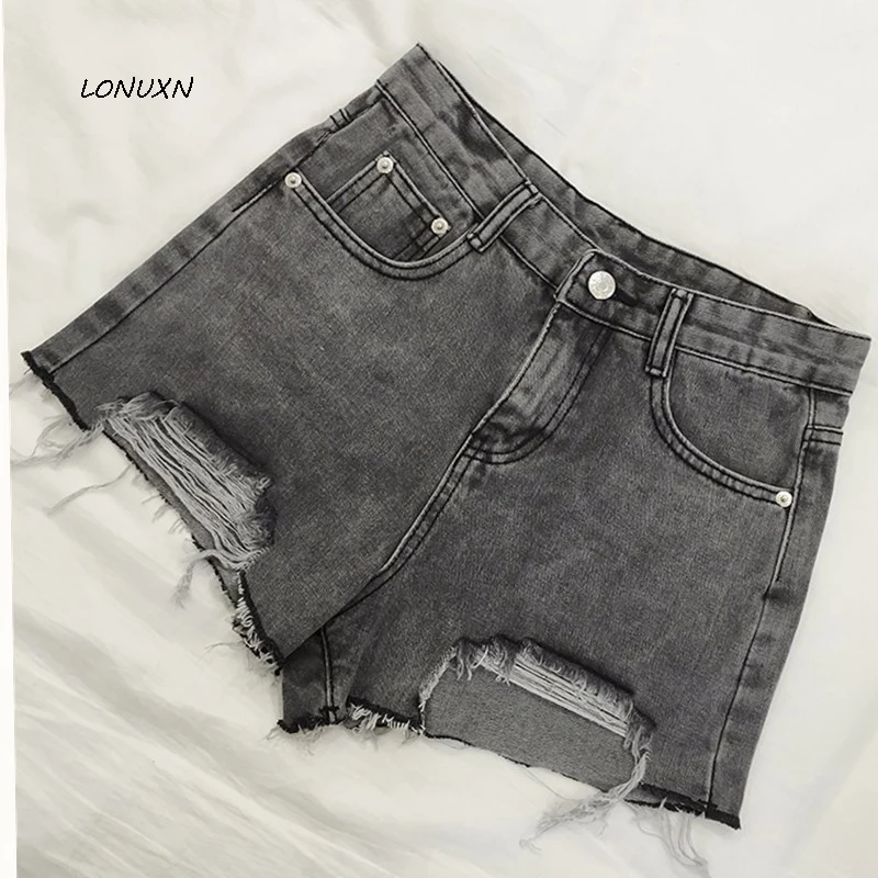 Кисточкой корейский нерегулярные отверстия высокая талия джинсовые шорты женские летние свободные серый студентов Короткие джинсы мини