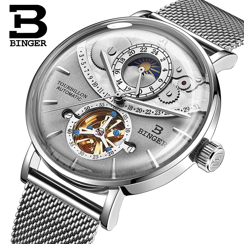 Switzerland Automatic Watch Men BINGER skeleton Mechanical Men