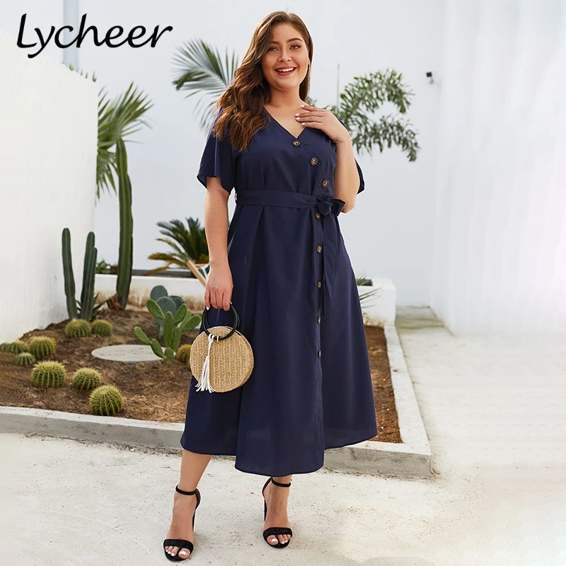 

Lycheer Plus size vintage women dress Big size elegant short sleeve button sashes midi dress Summer casual streetwear soft dress