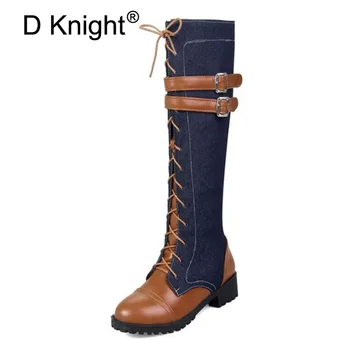 

Fashion Winter Combat Boots for Wome Color Block PU Leather+Denim Knee High Boots Belt Buckle Lace Up Riding Boot Big Size 33-46
