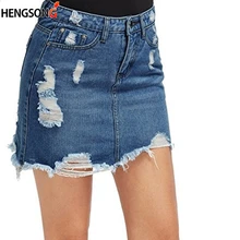 Женская синяя рваная Повседневная мини джинсовая юбка летняя новая облегающая женская юбка базовый карман джинсовая юбка средняя талия юбка