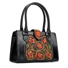 Ручная прошитая винтажная Женская сумочка из натуральной кожи с гравировкой в виде цветка, женская сумка с верхней ручкой в китайском стиле, женская сумка с цветочным принтом