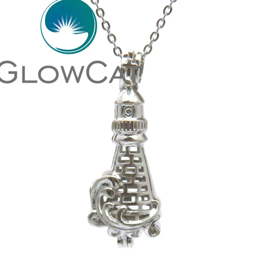 

R-K570 Best Gift Sea Lighthouse Tower Beads Cage Essential Oil Diffuser Pearl Cage Locket Pendant Necklace Women Girl