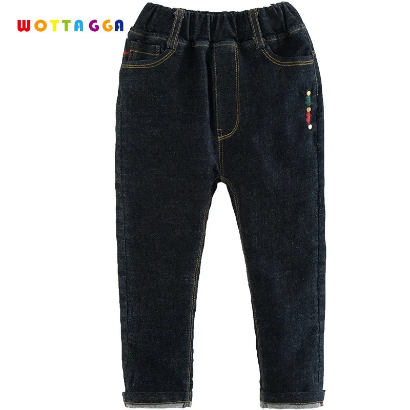 

WOTTAGGA Pants Jeans Girls Warm Elastic Waist Pants Kids Trousers Child Trousers Embroidered Buttons Velet Plus 2017