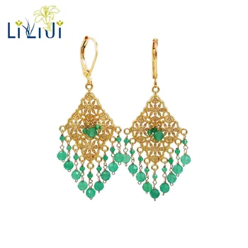 

LiiJi Unique 925 sterling silver Natural Emerald color Green Onyx Drop Dangle Shining Tassel Statement Earrings