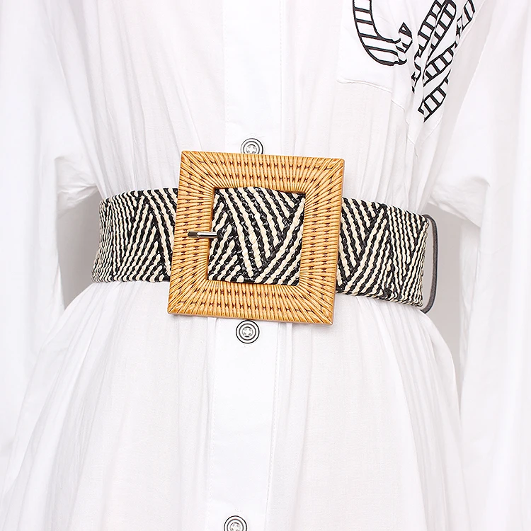 

Elastic wool-like braided straw waistband square buckle adjustable braided straw waistband Bohemian Beach Dress waistband