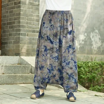 

Ink Painting Linen Pants India Nepal Pattern Cotton Linen Trousers Men Soft Natural Flax Drop Crotch Pants Elastic Waist