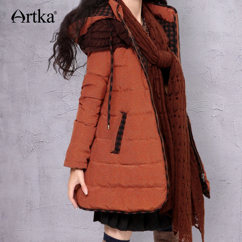 

Artka Women'S Top White Duck Down Thick Slim Court Stlye Hooded Needle Winter Medium-Long Patchwork Slight Puff Coat ZK16235D