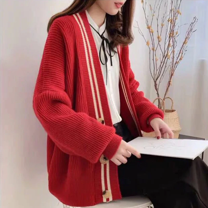 Women's Knit Cardigan Jacket College Style Loose Large