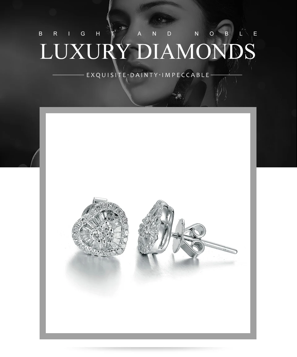 EDI Роскошные 0.42ct серьги-гвоздики с бриллиантами 14K 585 Белое золото двойной Halo форме сердца проложить Изумрудное кольцо алмазные серьги для женщин