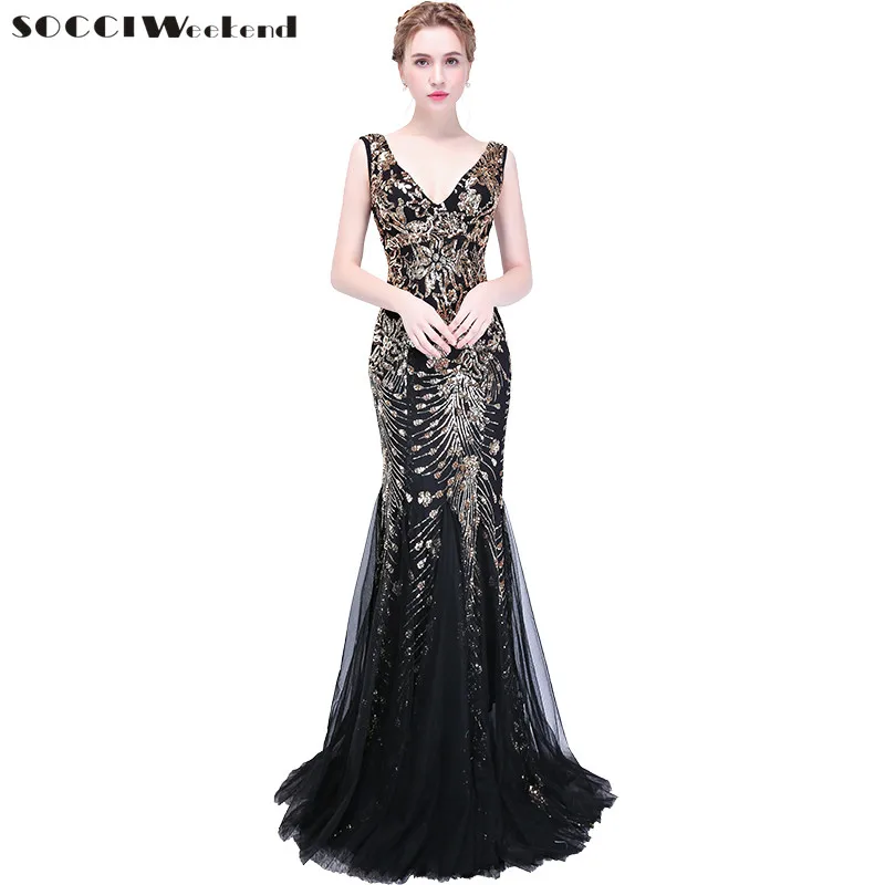 Long Marmaid Evening Dress New Black Dark Green Double V Sequined ...