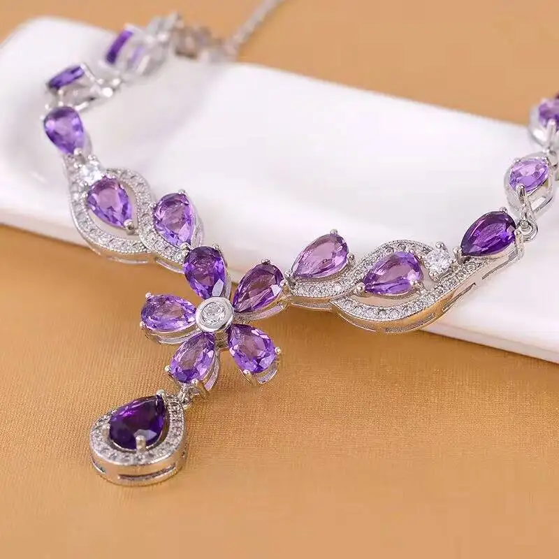 Elegant amethyst necklace for evening party natural amethyst necklace pendant solid 925 silver gemstone wedding necklace pendant 3