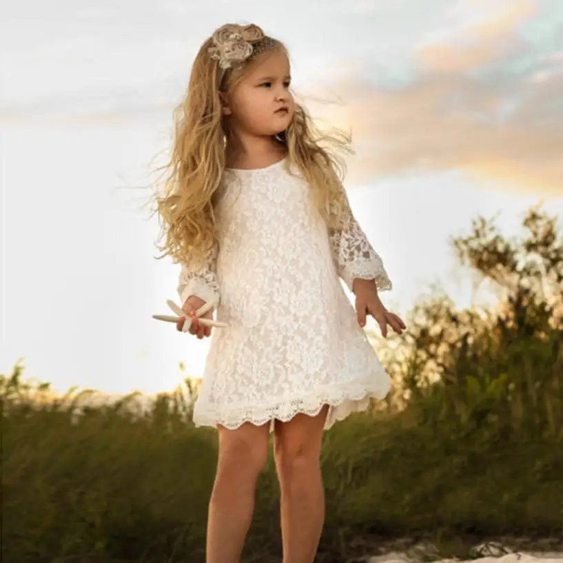 

children's dresses for Baby Girls white color elegant dress Long Sleeve Lace Princess Sundress Formal elsa Dress party Outfits