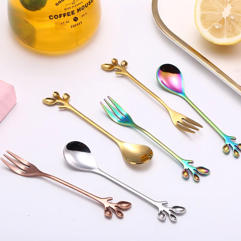 

1pc Cute Stainless Steel Sugar Tea Coffe Stirring Spoon Fork Leaves Shape Small Ice Cream Dessert Spoon Utensils