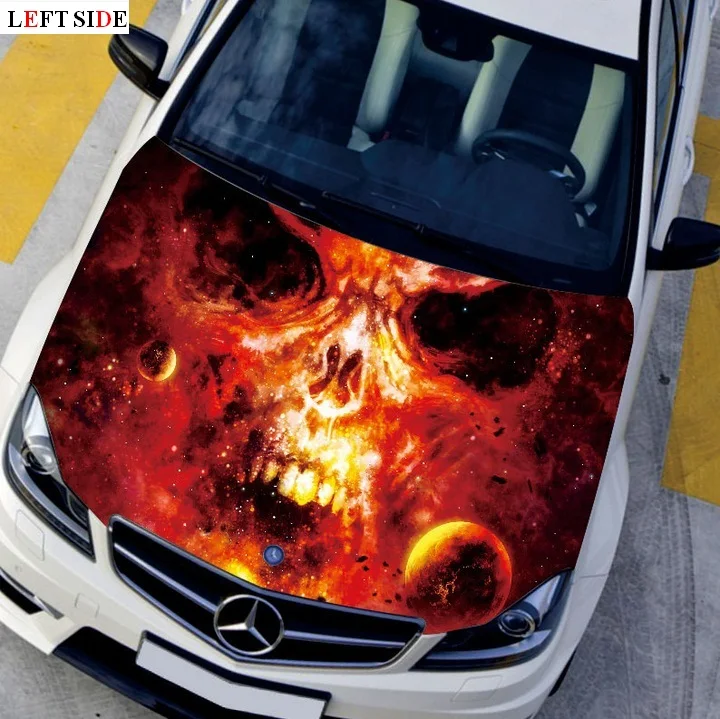 

LEFT SIDE Car Stickers and Decals EMS Shipping 120*160 cm Car Engine Hood Sticker Head Fire Skull Vinyl Cover Waterproof