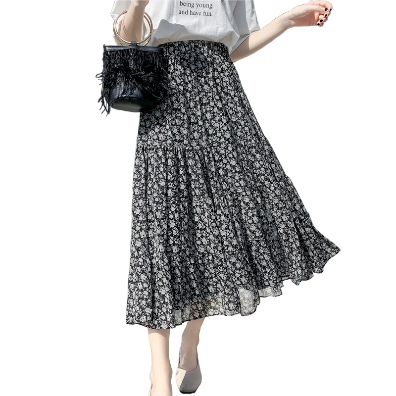 Длинные юбки для женщин Корейская юбка цветочный шифон Весна летние резинка на талии Милая Офисная Женская стильная юбка