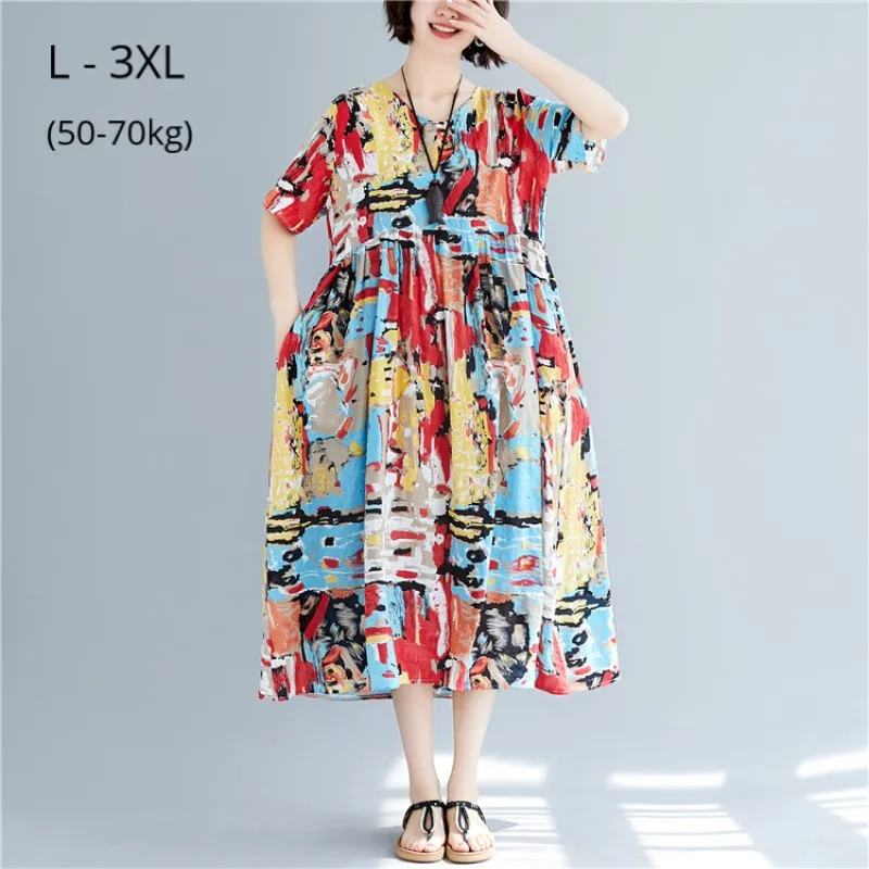 

Women Short Sleeves Summer Dress Cotton Linen Print Casual Clothing Plus Size 3XL 2XL XL Loose Dress Long Dresses For Mujer